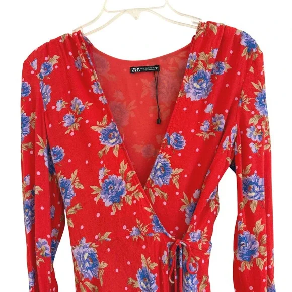 Zara Red Floral Polka Dot Wrap Mini Dress Long Sleeve XS V-Neck Boho Summer EUV - Picture 3 of 9